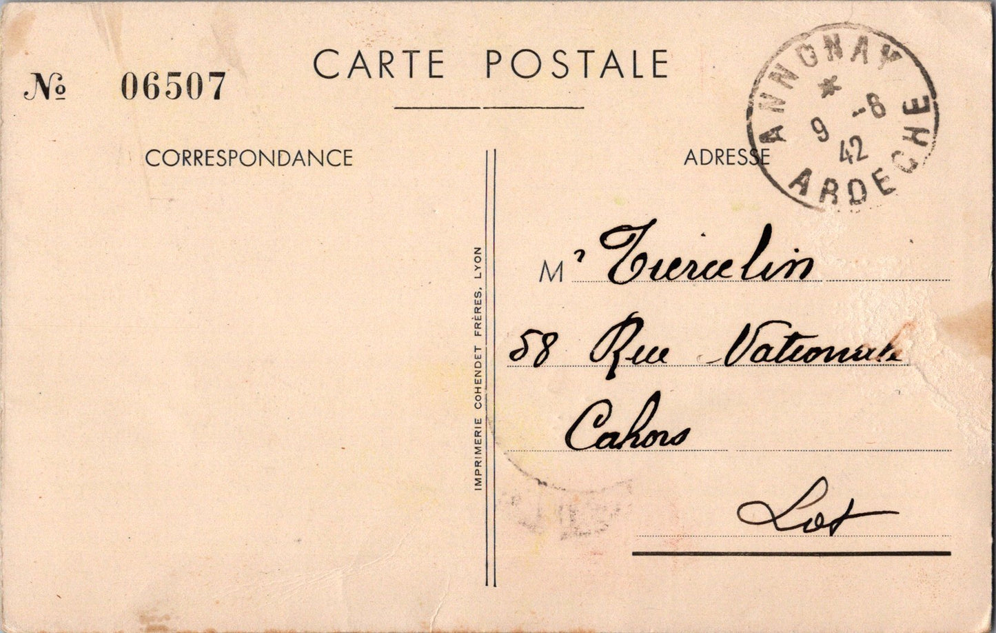 carte postale championnat d'athlétisme armée de l'air Lyon 1942, timbre avec insigne de l'escadrille GAO 1/514