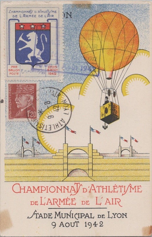 carte postale championnat d'athlétisme armée de l'air Lyon 1942, timbre avec insigne de l'escadrille 1/35
