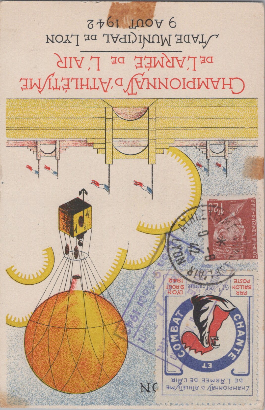 carte postale championnat d'athlétisme armée de l'air Lyon 1942, timbre avec insigne de l'escadrille GC1/4