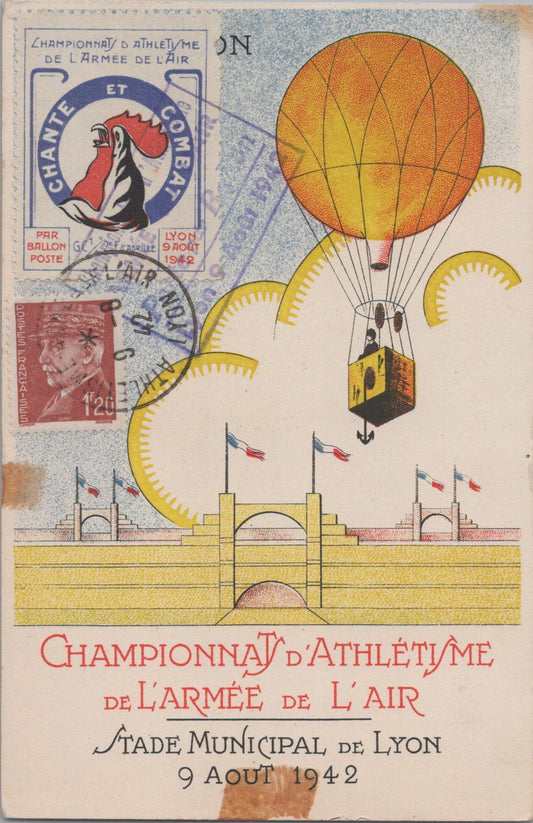 carte postale championnat d'athlétisme armée de l'air Lyon 1942, timbre avec insigne de l'escadrille GC1/4