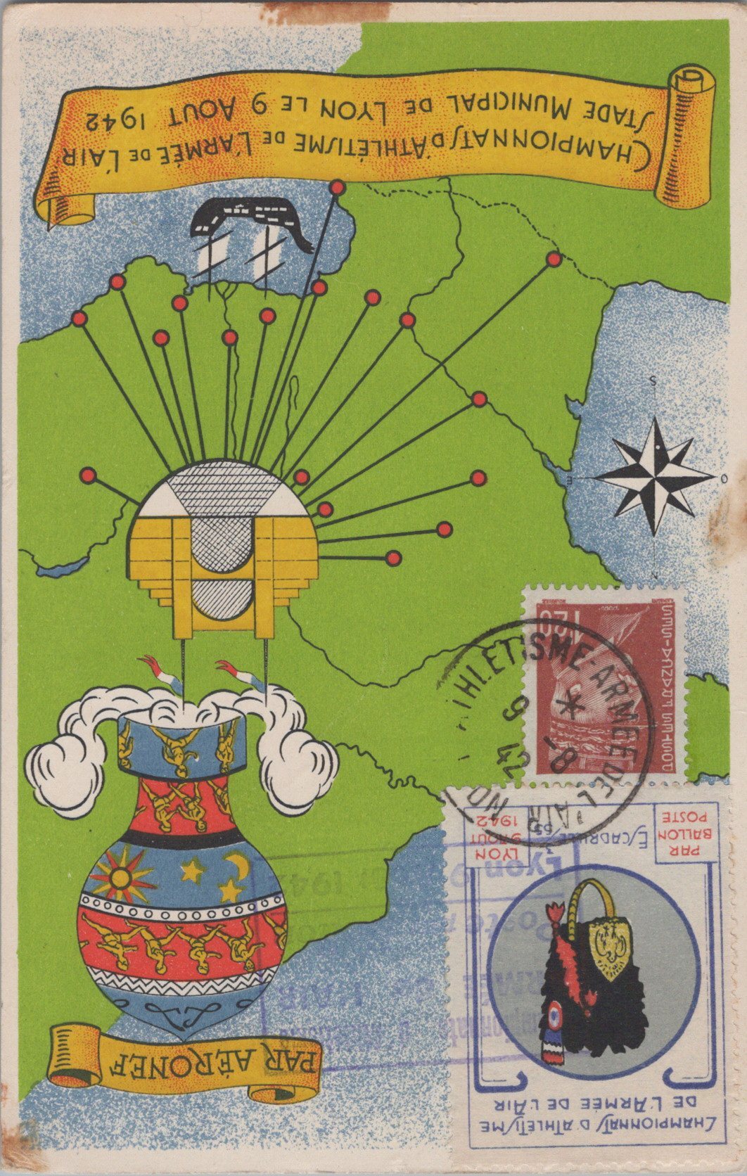 carte postale championnat d'athlétisme armée de l'air Lyon 1942, timbre avec insigne de l'escadrille 3/55