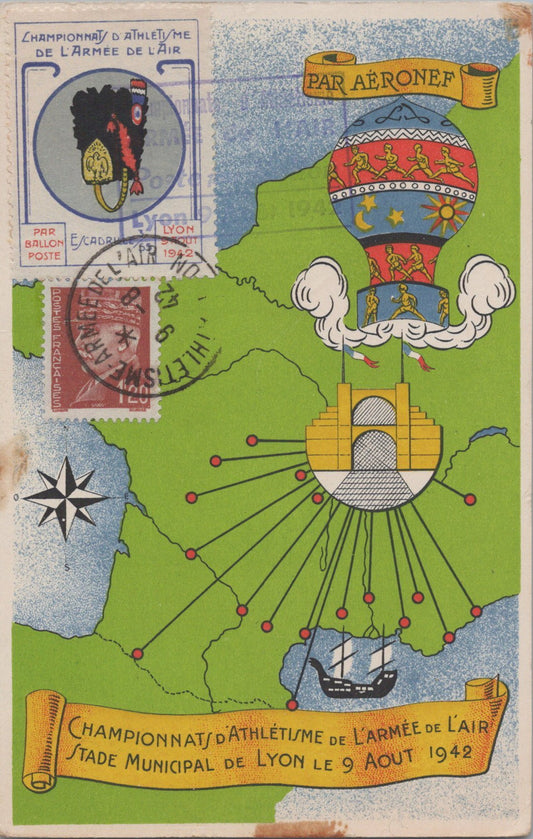 carte postale championnat d'athlétisme armée de l'air Lyon 1942, timbre avec insigne de l'escadrille 3/55