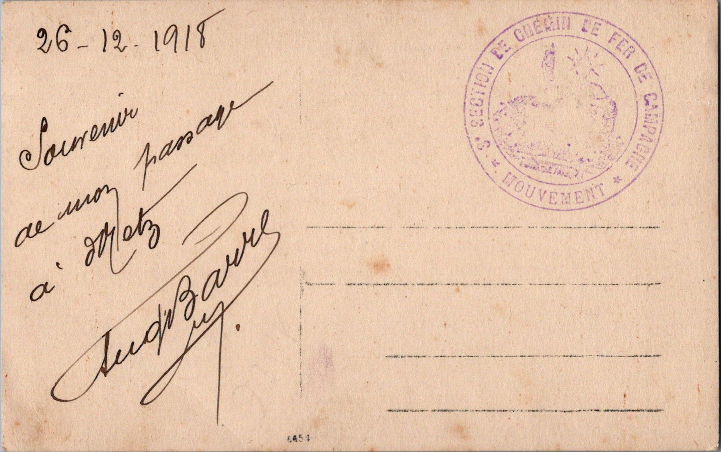 carte photo officier des chemins de fer Metz tampon 1918
