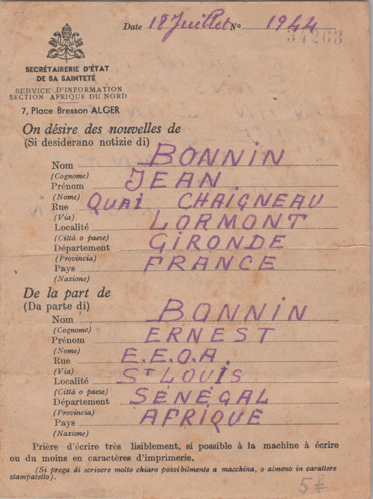 courrier formulaire pour donner des nouvelles entre les colonies et la France occupée via le Vatican 1944
