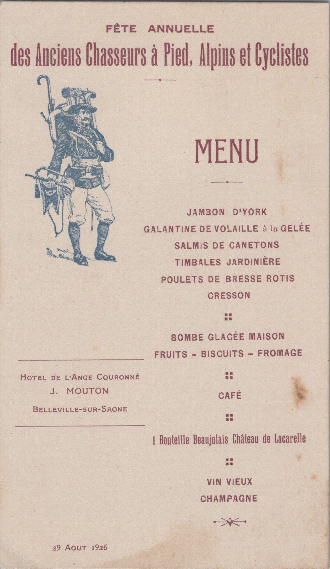 carte menu des anciens chasseurs à pied, alpins et cyclistes 1926