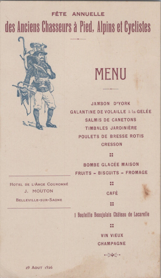 carte menu des anciens chasseurs à pied, alpins et cyclistes 1926