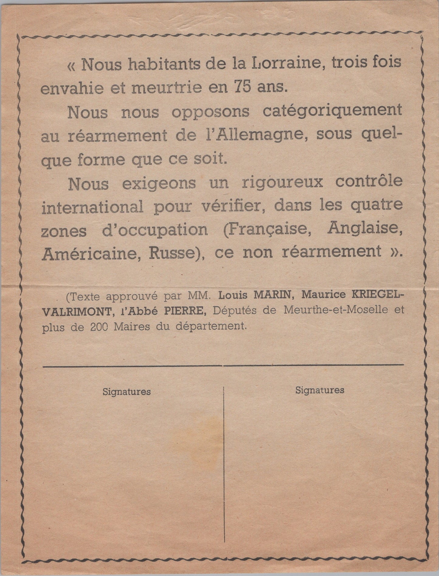 tract contre le réarmement de l'Allemagne signé entre autres par l'abbé Pierre concerne la Lorraine