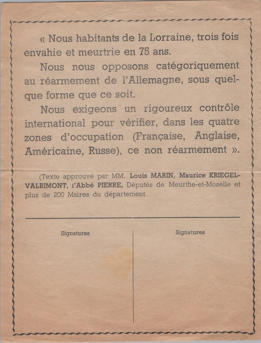 tract contre le réarmement de l'Allemagne signé entre autres par l'abbé Pierre concerne la Lorraine