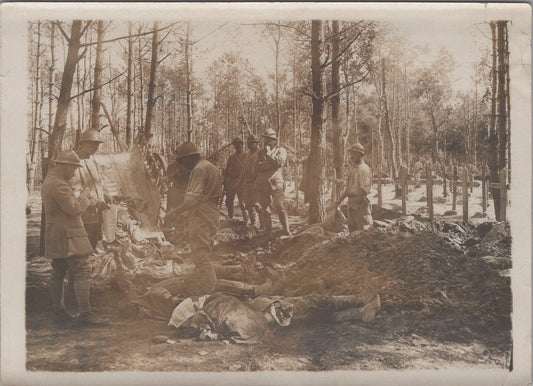 grande photo enterrement de morts Français dans un cimetière avec tombereau de cadavres 1914-18 17x12 cm