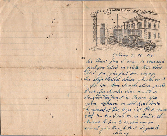courrier 30° régiment d'artillerie Orléans avec dessin de camion chenillé