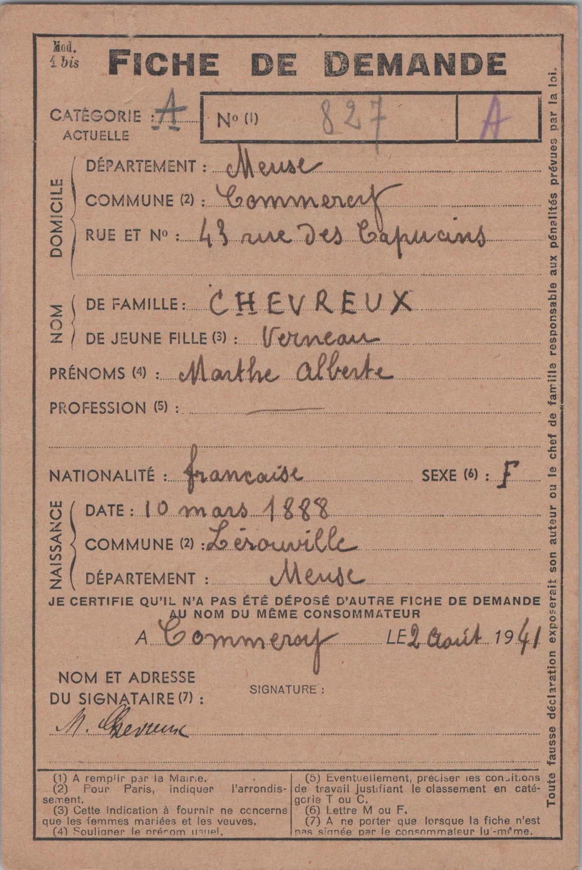 carte fiche de demande carte d'alimentation Commercy 1941