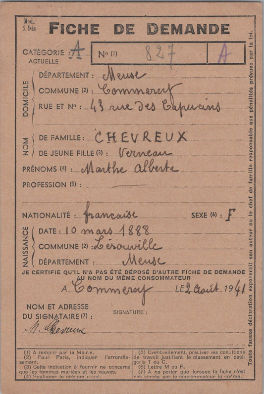 carte fiche de demande carte d'alimentation Commercy 1941