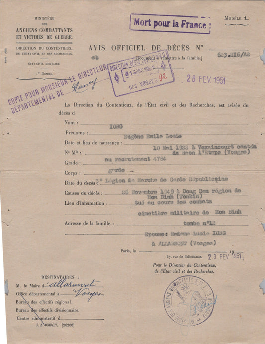 lettre avis de décès d'un gendarme tué en Indochine Hoa Binh 1949