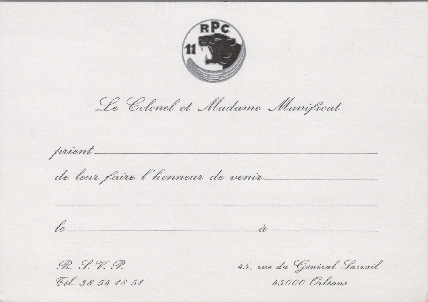 carte d'invitation 11° régiment parachutiste de choc années 80