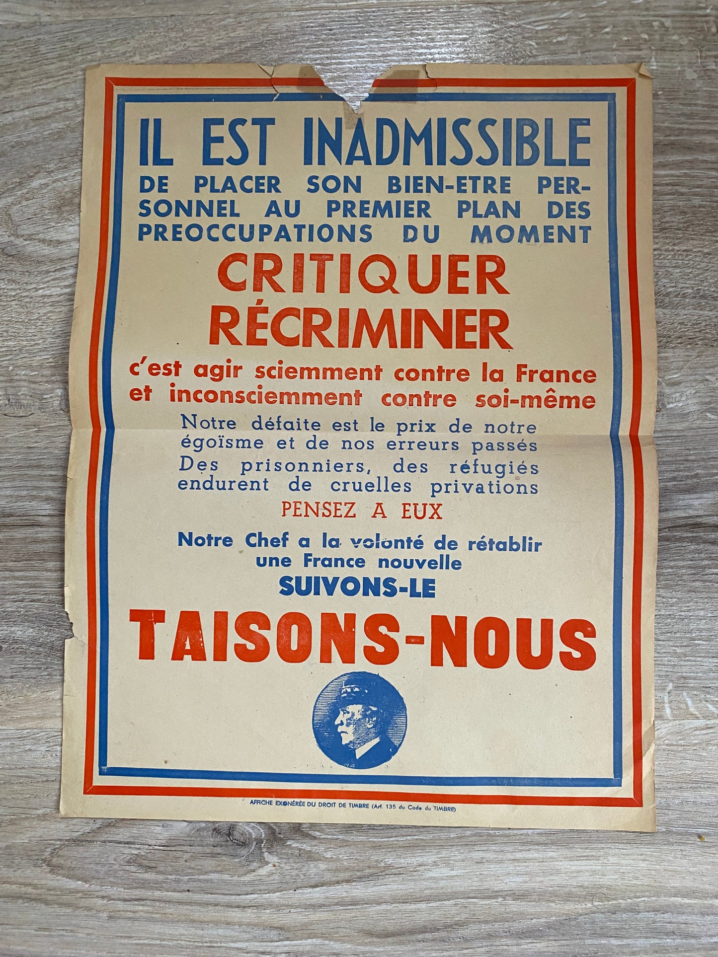 affiche Maréchal Pétain, Etat Français 1940-44, manque en haut