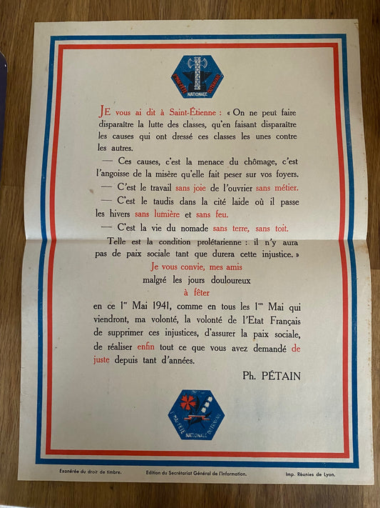 affiche 1er mai 1941 discours Pétain 40x29 cm
