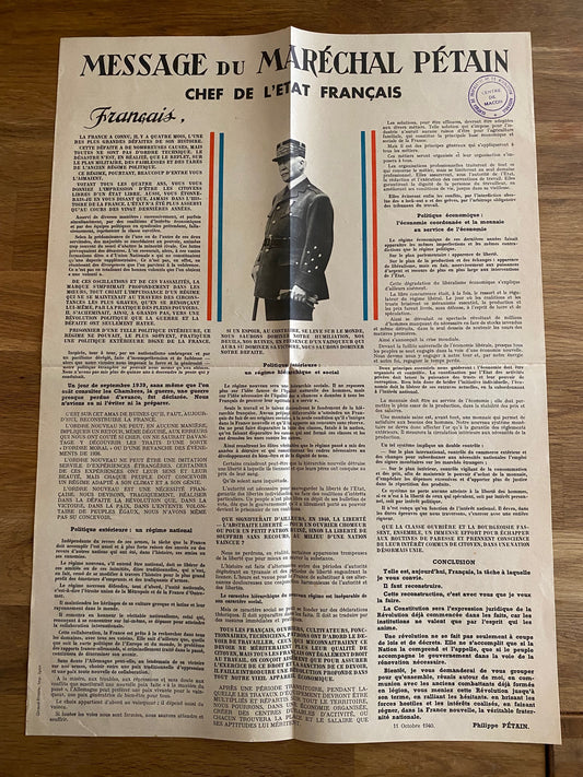 affiche message du Maréchal Pétain octobre 1940, 52 x38 cm