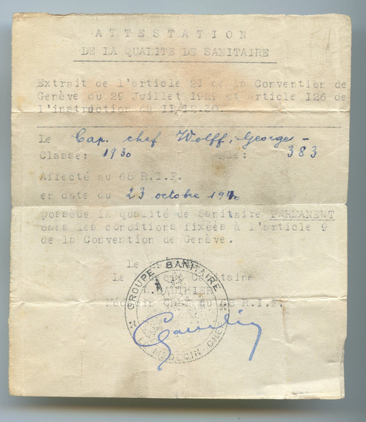 attestation de qualité de sanitaire 68ème RIF ligne Maginot 1939-40