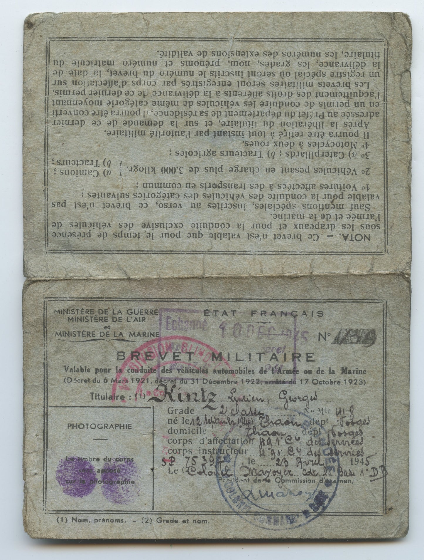 brevet militaire de conduite Etat Français réutilisé par la 1ère armée française 1944, 1ère DB