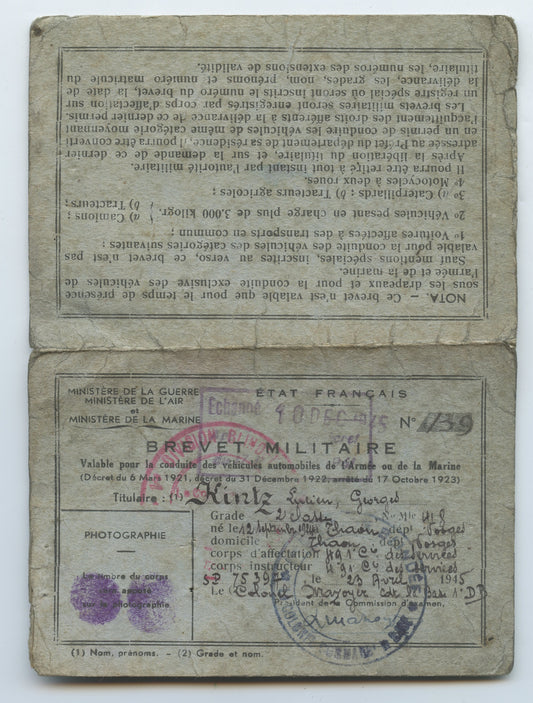 brevet militaire de conduite Etat Français réutilisé par la 1ère armée française 1944, 1ère DB