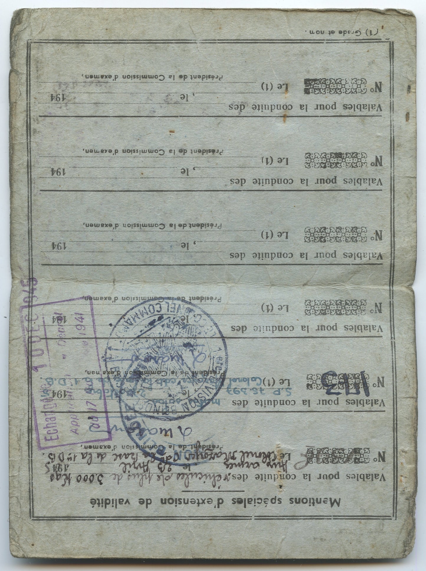 brevet militaire de conduite Etat Français réutilisé par la 1ère armée française 1944, 1ère DB