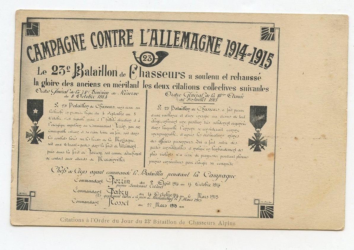 carte postale ordres généraux du 23 bataillon de chasseurs alpins 1914-1915