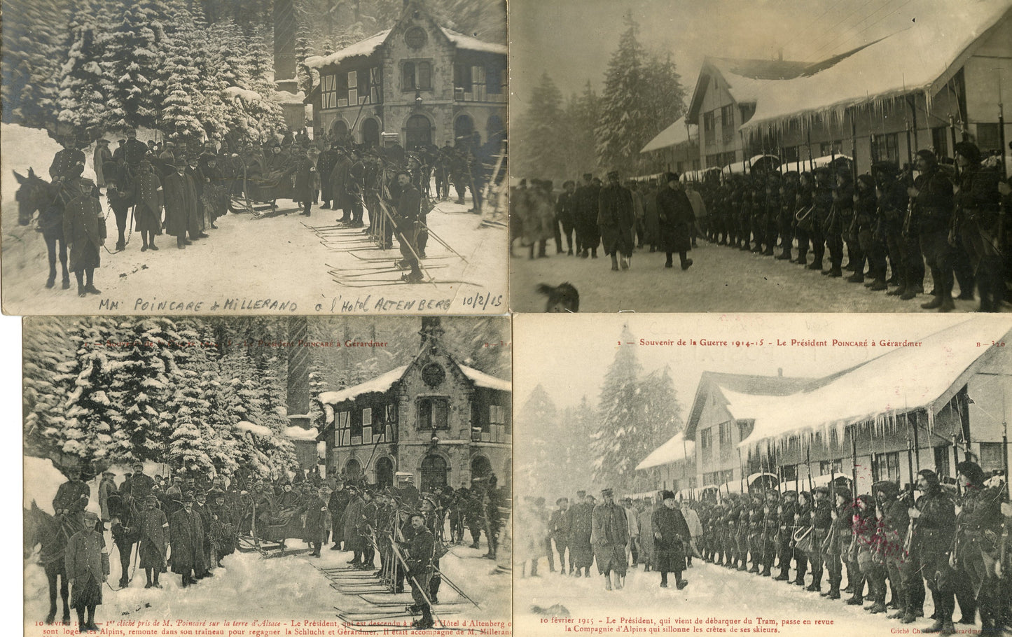 2 cartes photos et 2 cartes postales visite président Poincaré Vosges Chasseurs Alpins skieurs Vosges 1915