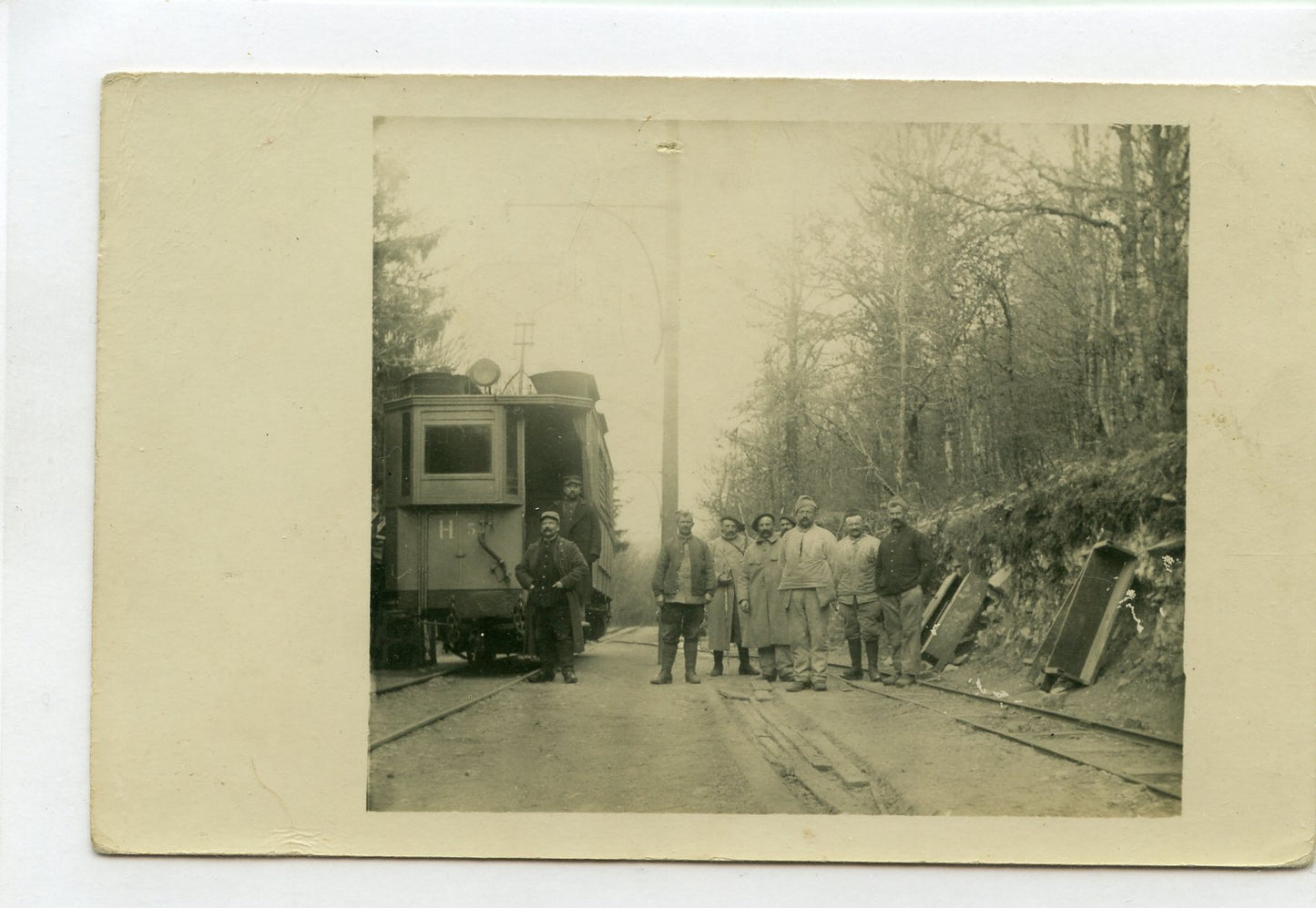 carte photo tramway et chasseurs sur la Schlucht Vosges 1915