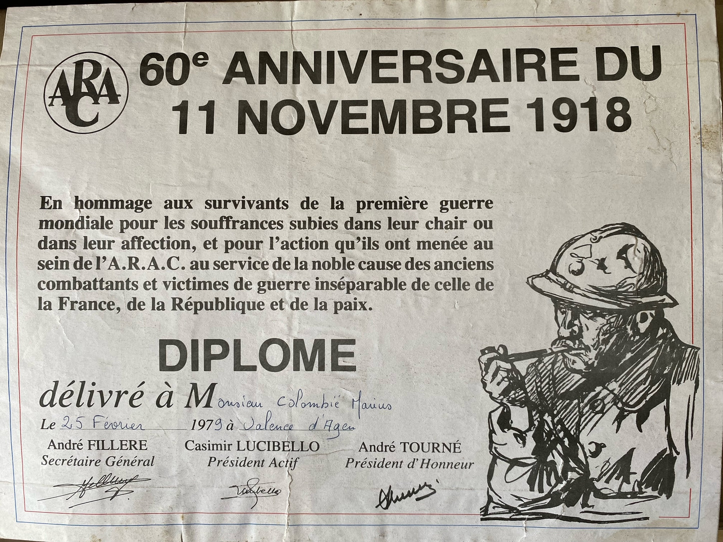 médaille et diplôme de l'ARAC 60ème anniversaire 1918, poilu du Lot et Garonne