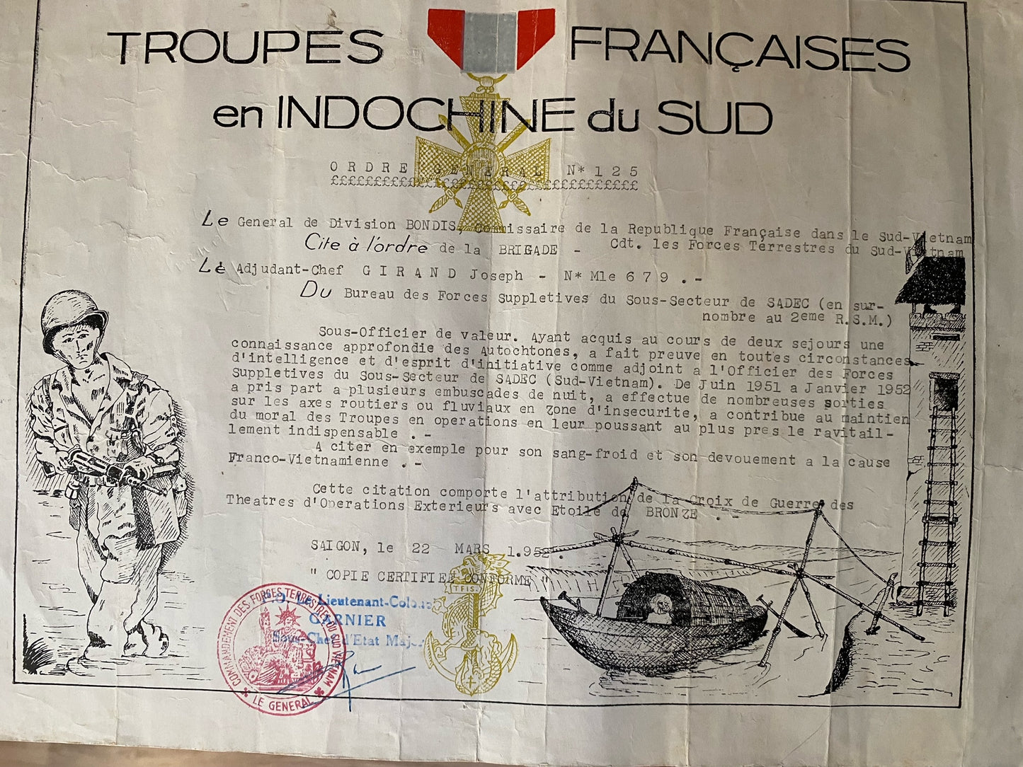 citation d'un adjudant-chef de supplétifs en Indochine 1952