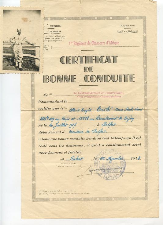 certificat de bonne conduite et photo MDL du 1° chasseurs d'Afrique Rabat 1948