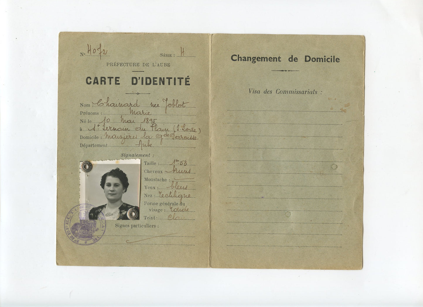 grande carte d'identité prefecture de l'Aube novembre 1939