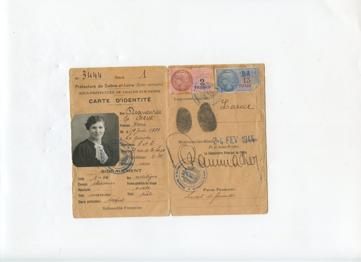 carte d'identité Etat Français, Saône et Loire 1944