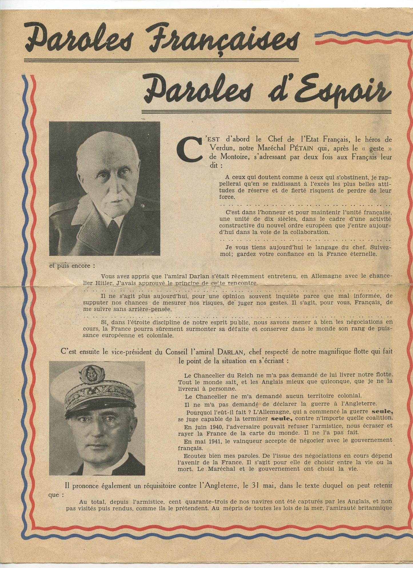 grand tract Etat Français 4 pages, Petain, paroles d'espoir, collaboration 1939-45