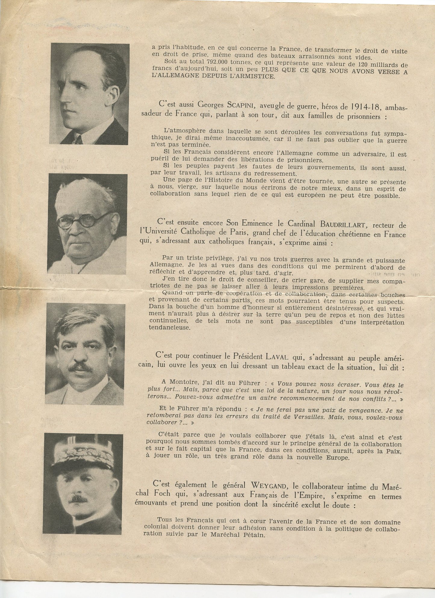 grand tract Etat Français 4 pages, Petain, paroles d'espoir, collaboration 1939-45