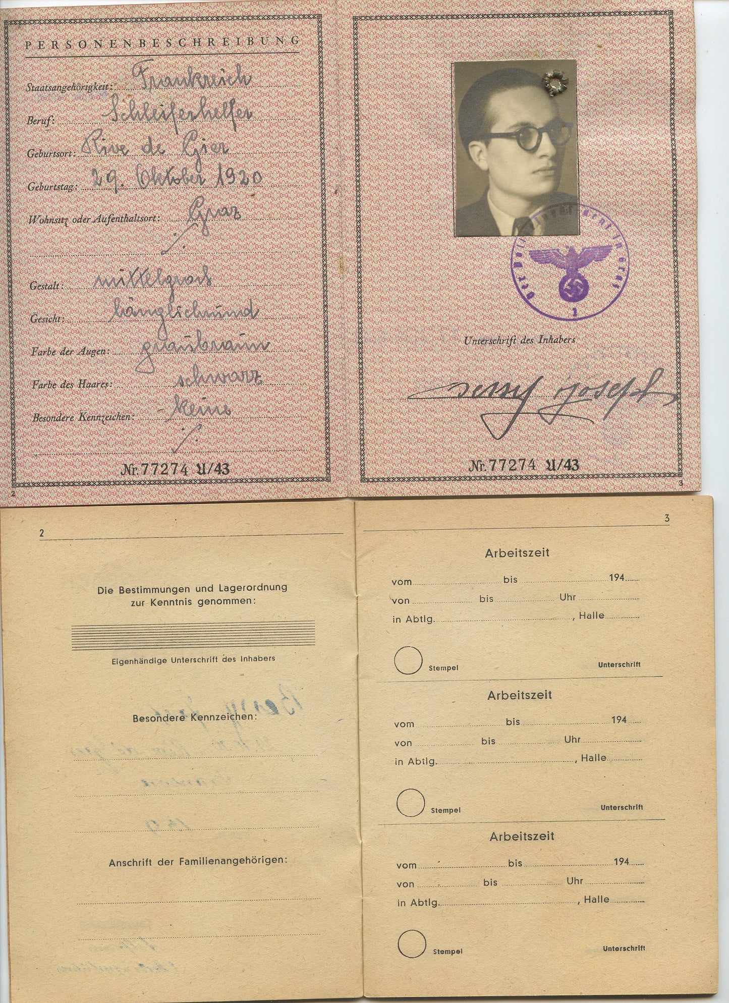 2 carnets de travail allemands pour un français du STO 1943