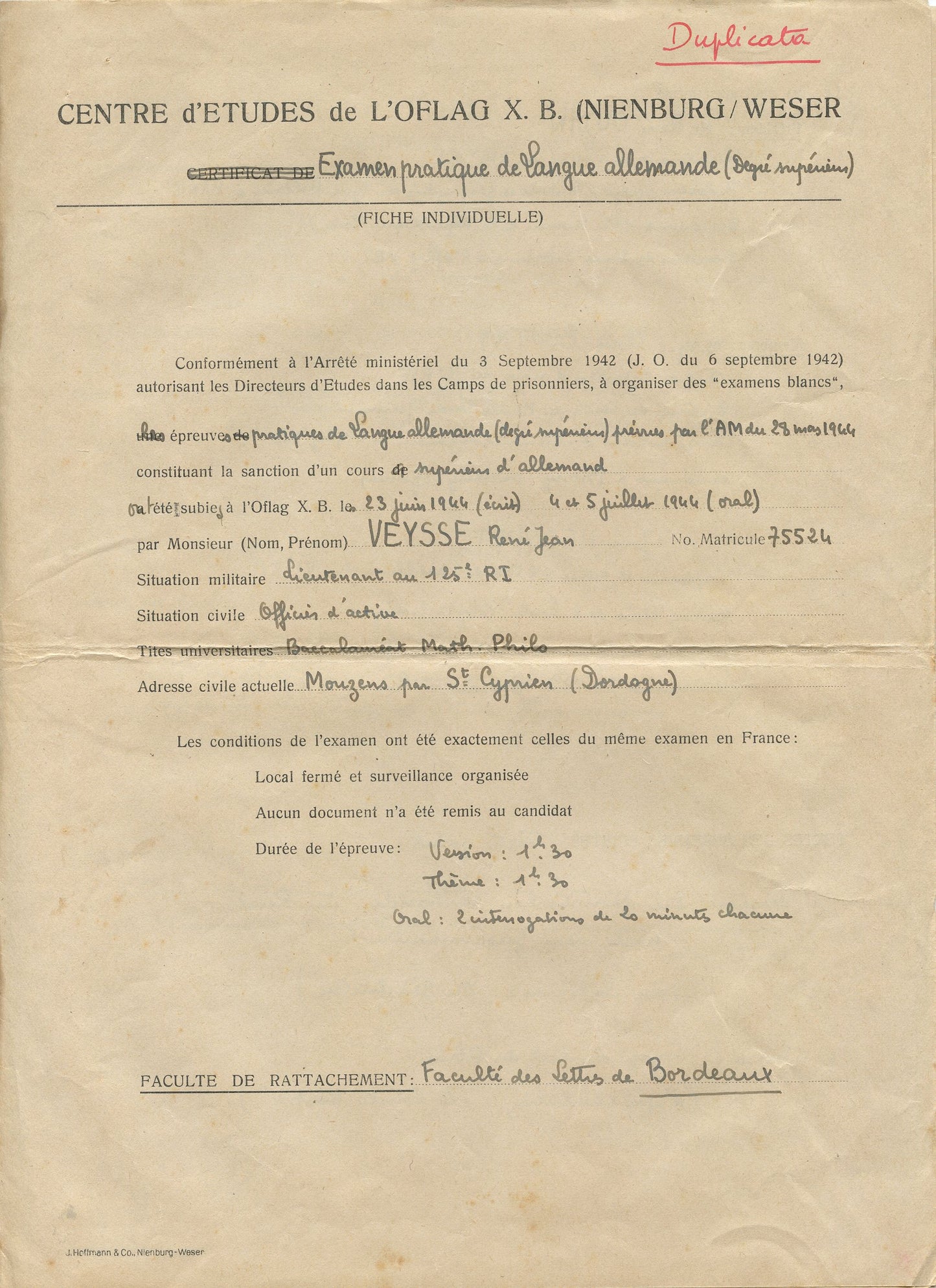 documents d'examens de langue allemande pour un officier prisonnier dans un OFLAG 1944