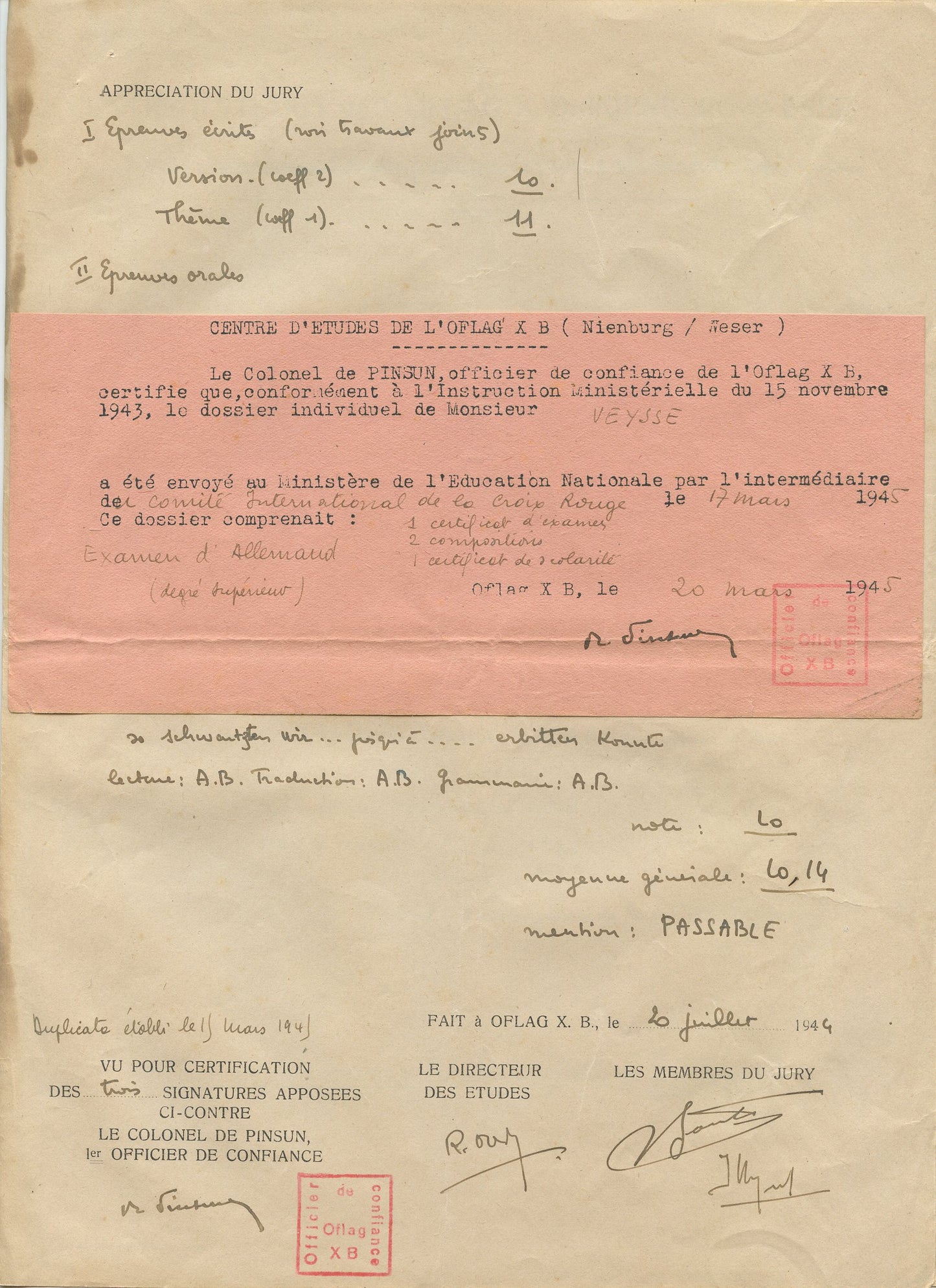 documents d'examens de langue allemande pour un officier prisonnier dans un OFLAG 1944