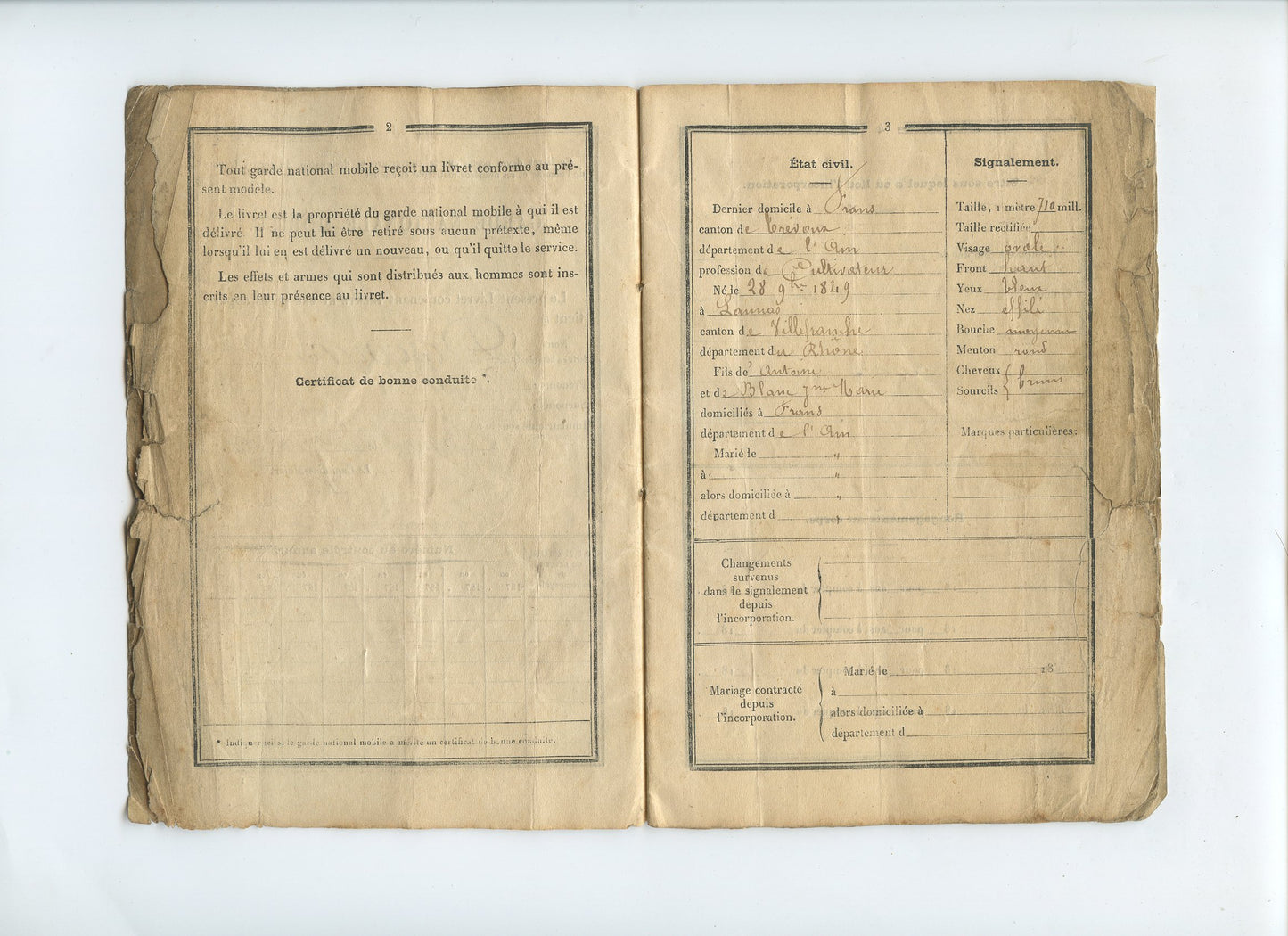 2 livrets militaires d'un mobile de la guerre de 1870-71