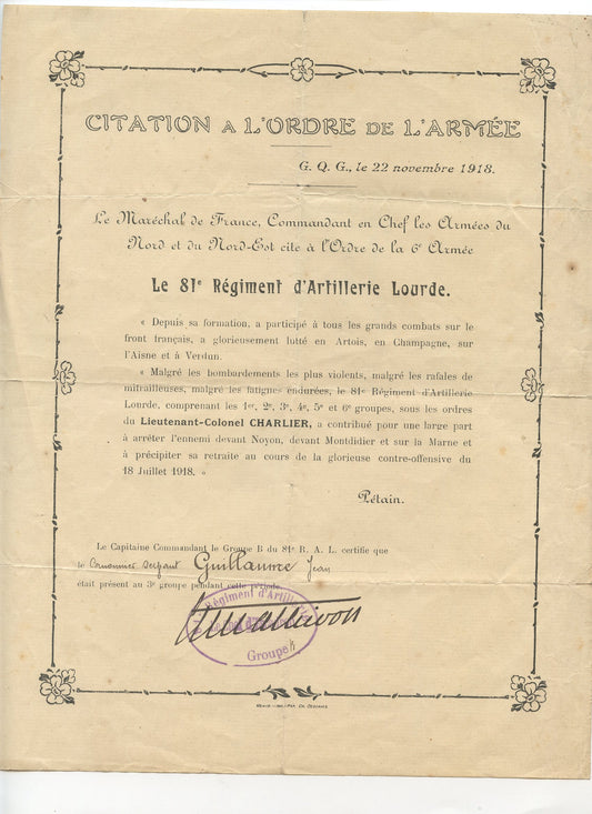 citation collective 81° régiment d'artillerie lourde offensive de juillet 1918