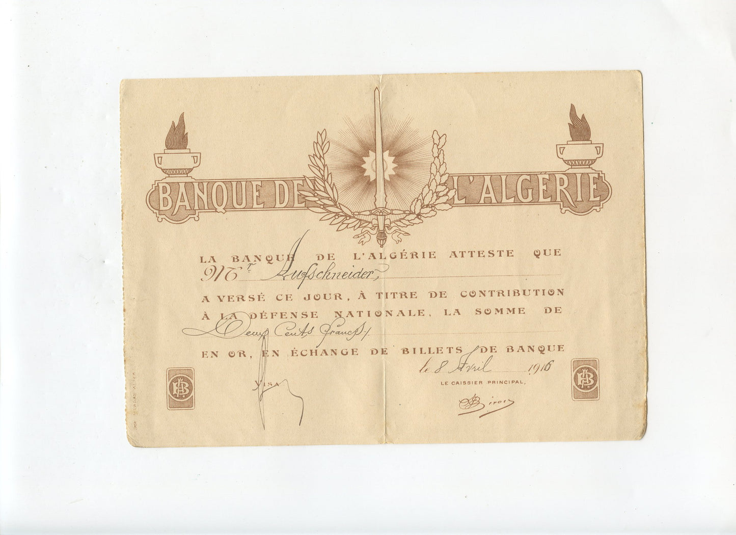 attestation Banque de l'Algérie, emprunt de la défense nationale, 1916