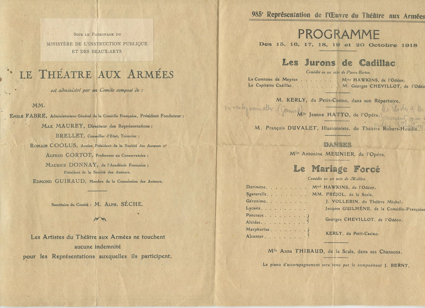 programme du théâtre aux armées 1918