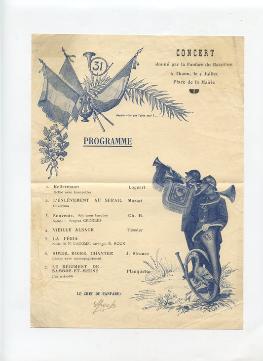 programme d'un concert à Thann 31° bataillon de chasseurs années 20-30