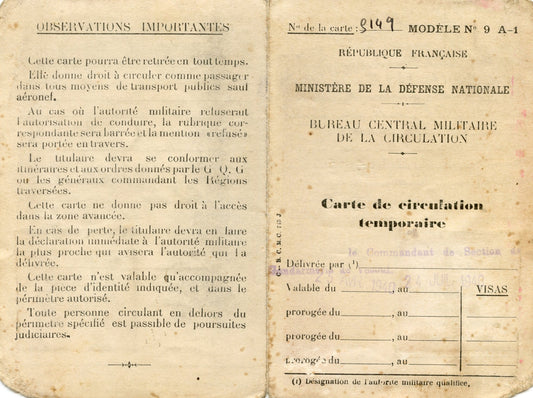 carte de circulation temporaire 1939-40 délivrée par l'armée à Vesoul