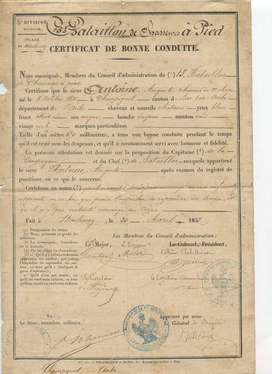 certificat de bonne conduite d'un chasseur du 15°BCP, second empire 1857