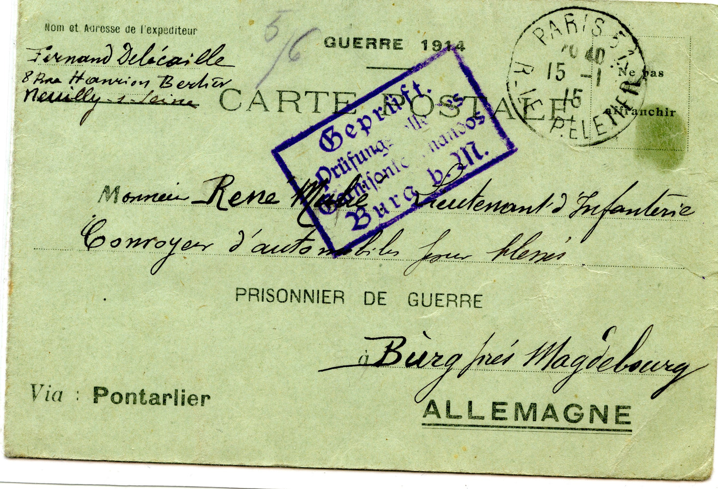 carte postale pour prisonnier de guerre 1914-18, nombreux tampons