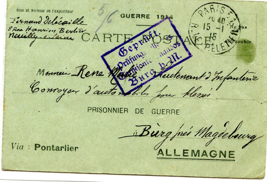 carte postale pour prisonnier de guerre 1914-18, nombreux tampons