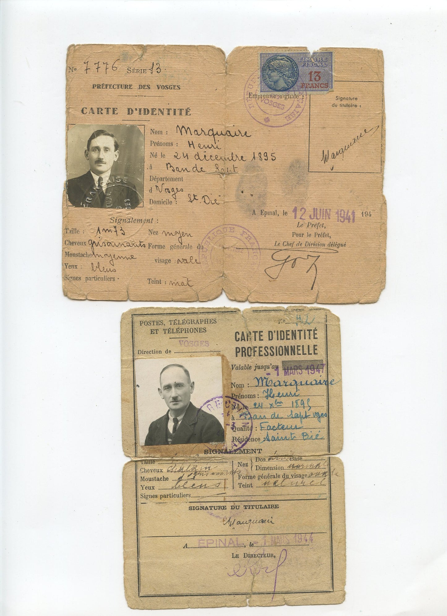 carte d'identité Etat Français de carte professionnelle de Facteur à Saint Dié 1944 (Vosges)