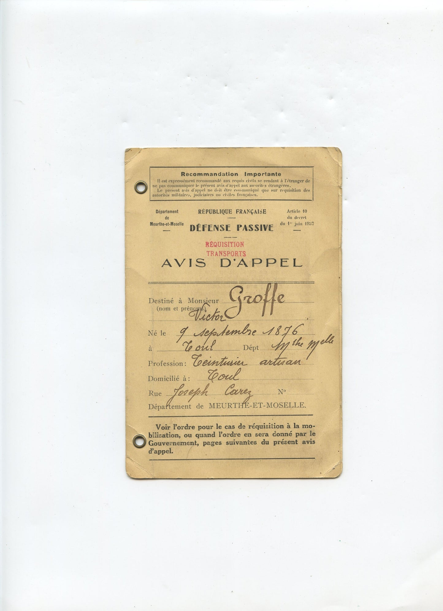 avis d'appel Defense passive de Meurthe et Moselle, document à insérer dans la livret militaire