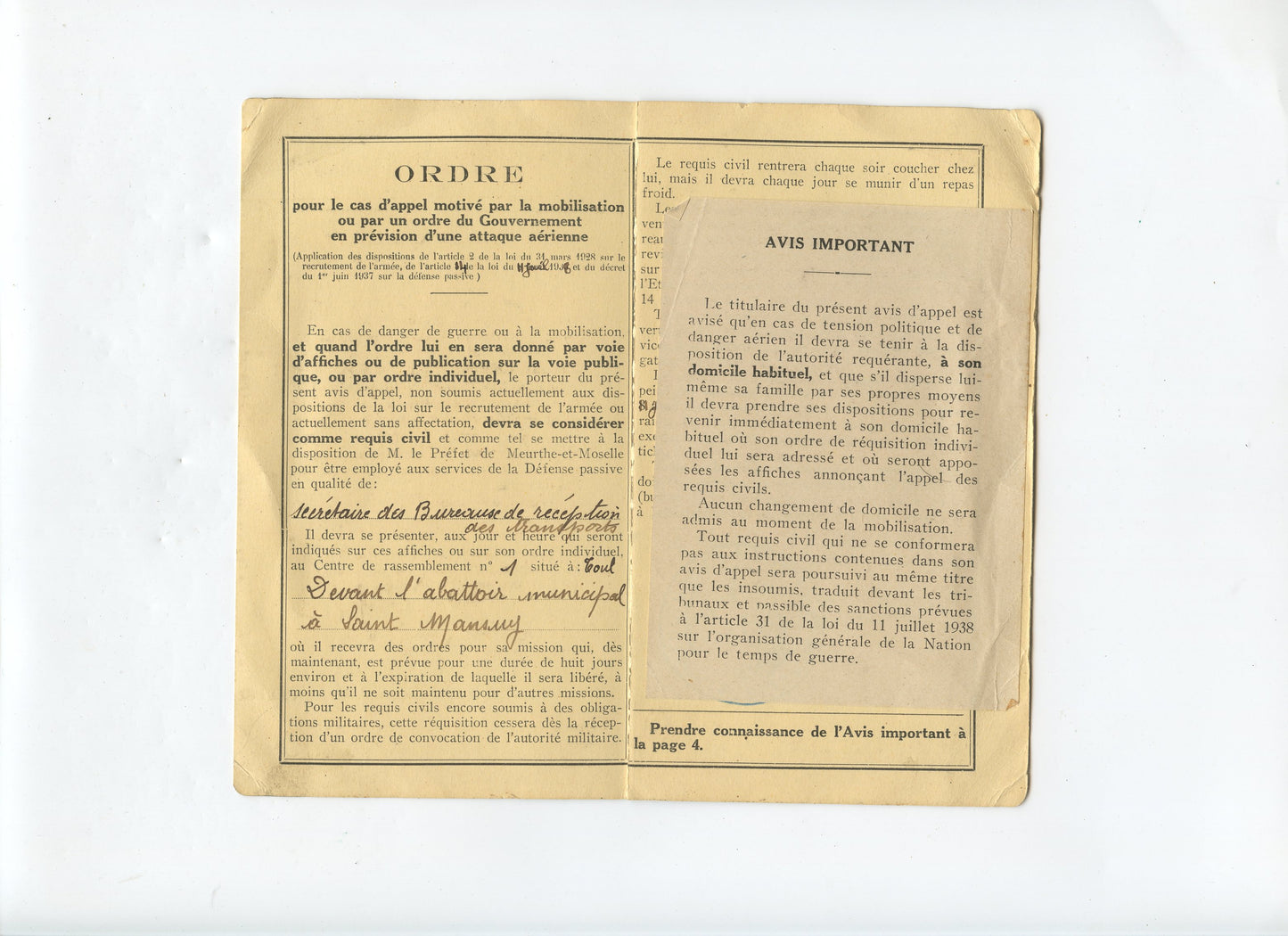 avis d'appel Defense passive de Meurthe et Moselle, document à insérer dans la livret militaire